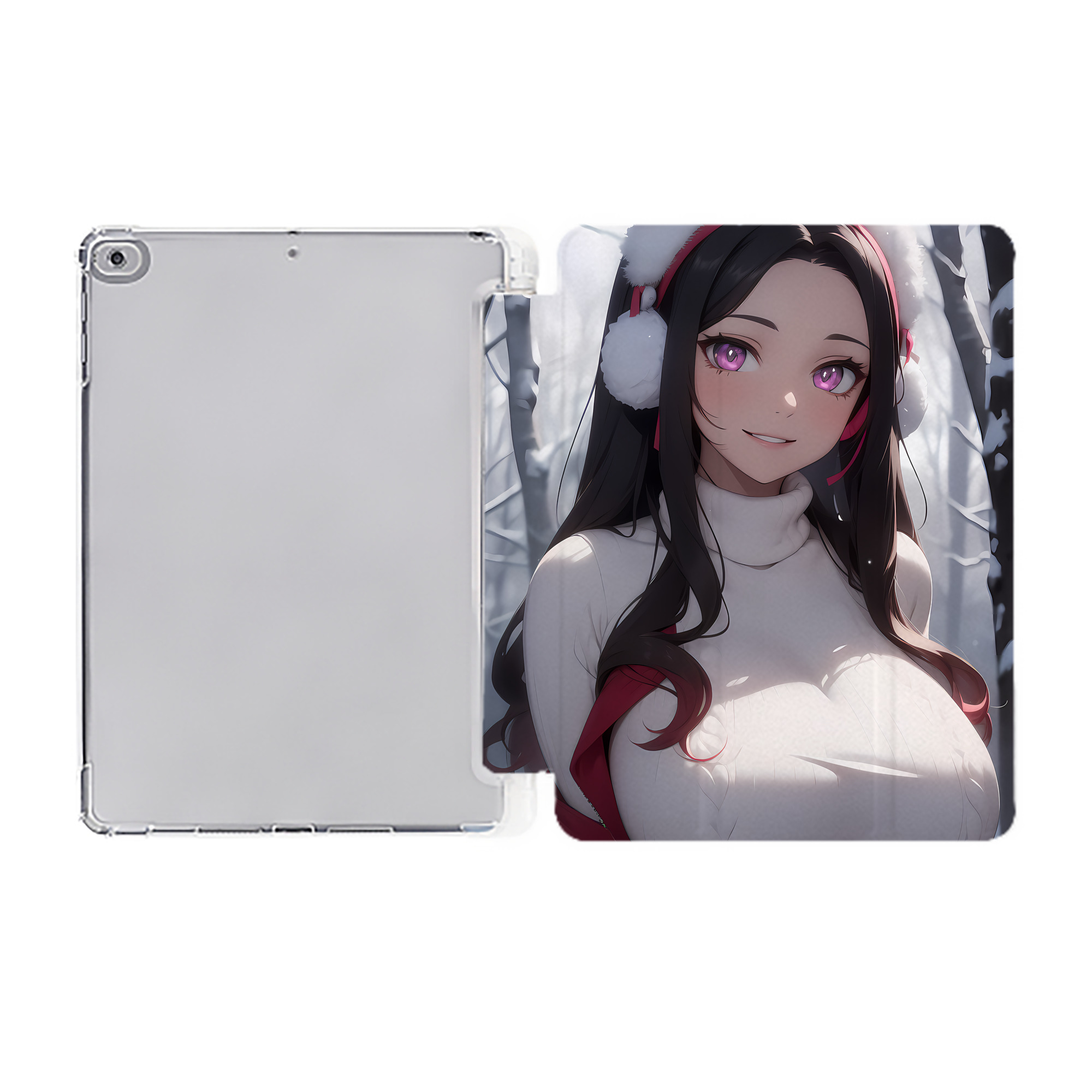 （画像用） 鬼滅の刃（きめつのやいば）竈門 禰󠄀豆子／かまど ねずこ Kamado Nezuko IPad ケース ペン収納付き 三つ折りスタンド PUレザー×シリコン 対応機種9.5/10.5/10.9インチ